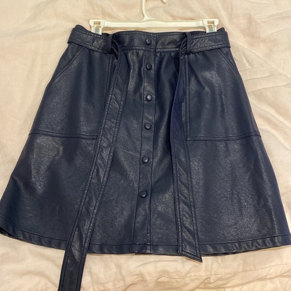 FRNCH Emilou Faux Leather Button Up Belted Skirt. Size M. Navy Blue. High Waist. - Picture 9 of 12